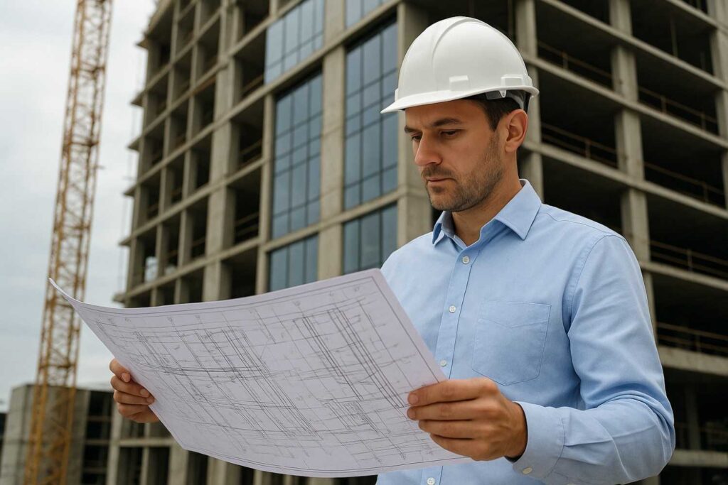 A Engineer reviewing blueprints at a modern building construction site, symbolizing the history and evolution of Structural Engineering.