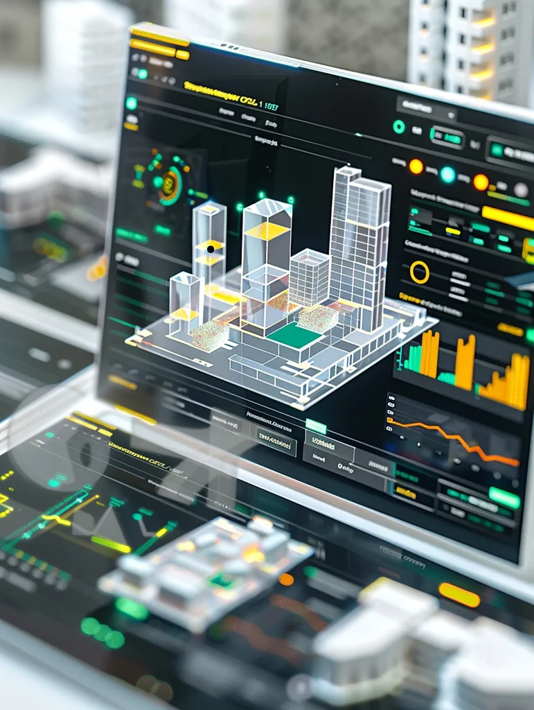 Digital BIM Maturity Level dashboard displaying 3D building models, analytics, and project performance monitoring.