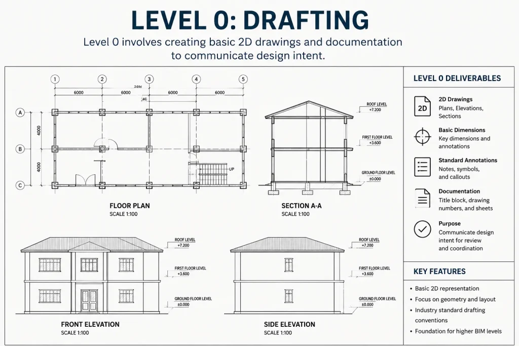 BIM Maturity Level 0 illustrating traditional 2D architectural drafting, floor plans, elevations, and construction documentation.