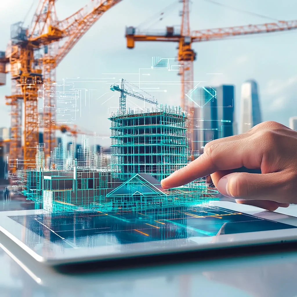 Engineer using BIM in Construction on a digital tablet to review a 3D building model and construction project.