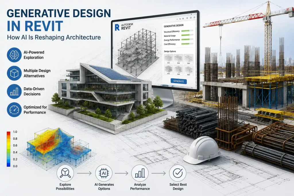 Commercial construction site with reinforced concrete columns modeled using rebar detailing in Revit