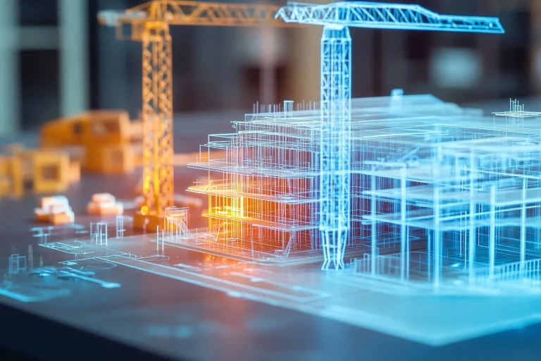 BIM in Construction displaying digital building visualization with cranes, structural models, and project coordination.
