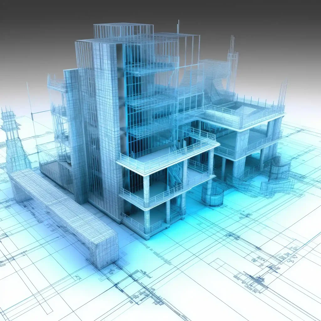 BIM in Construction showing a transparent 3D building model integrated with architectural drawings and digital planning.