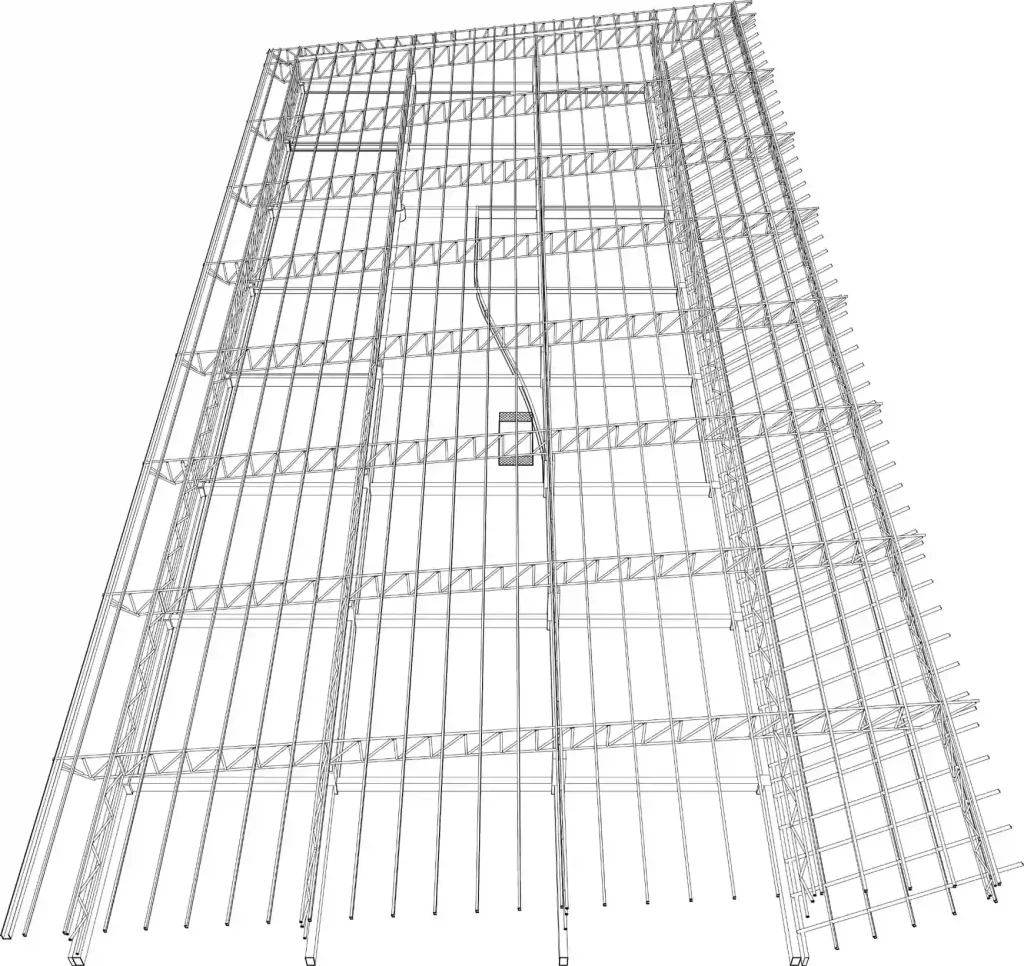 Rebar Detailing in Revit showing a 3D structural wireframe model of a multi-story reinforced concrete building