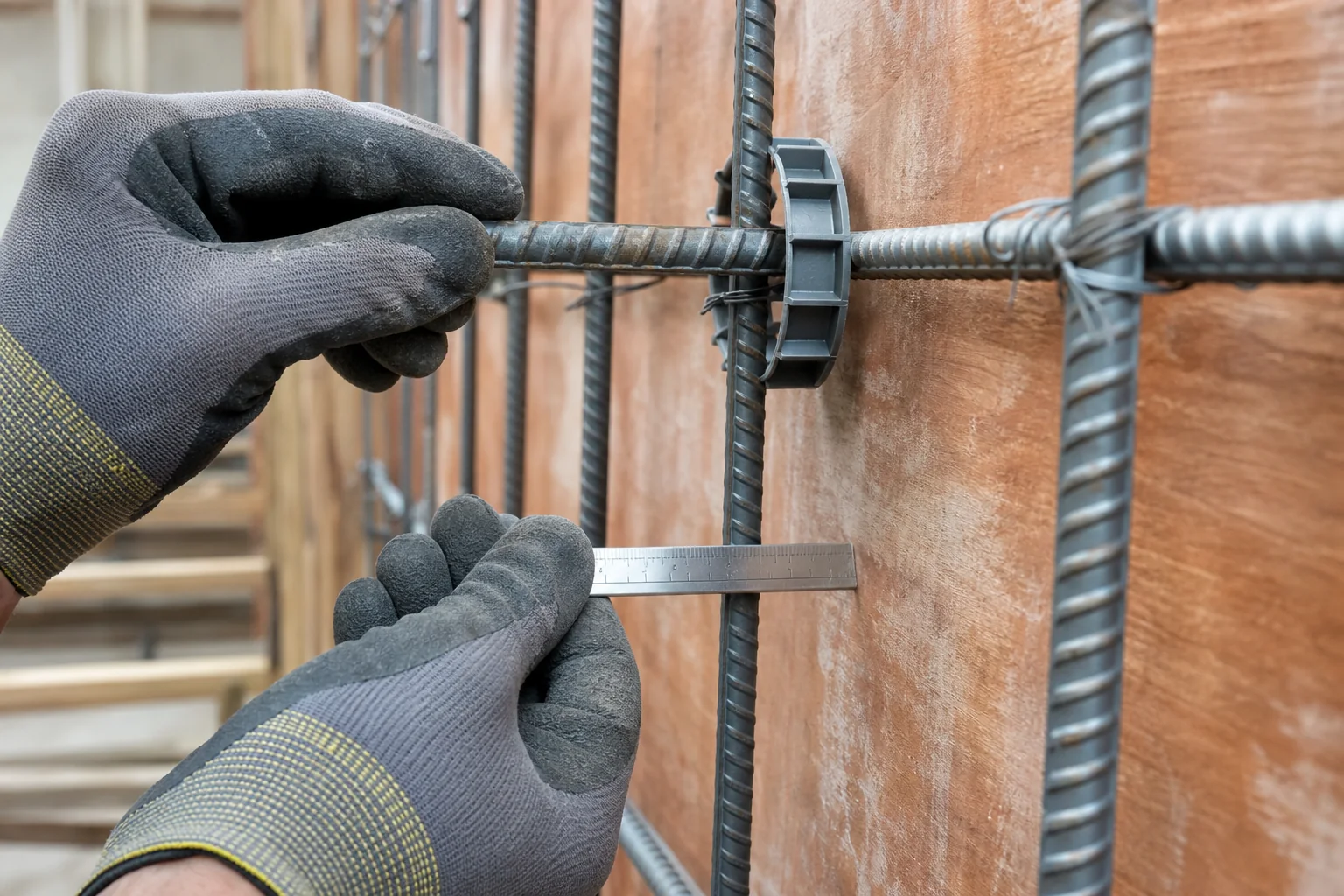 Inspector checking concrete cover between reinforcement and formwork