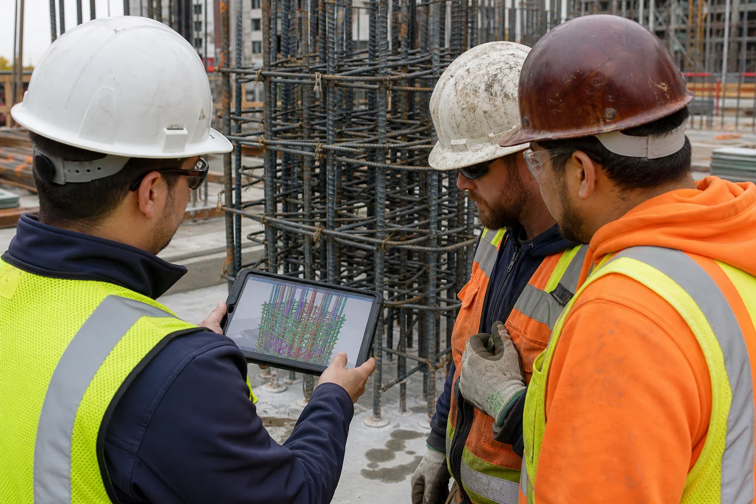 Construction team reviewing a 3D rebar model beside the installed cage