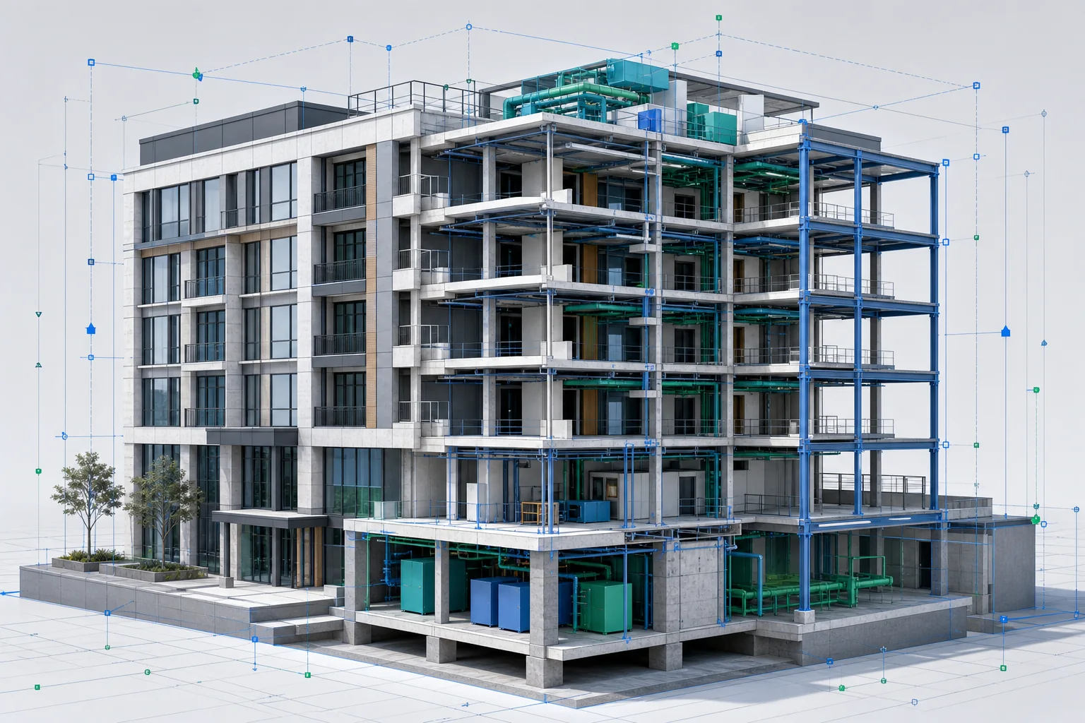 Detailed native BIM authoring model with architectural and structural systems