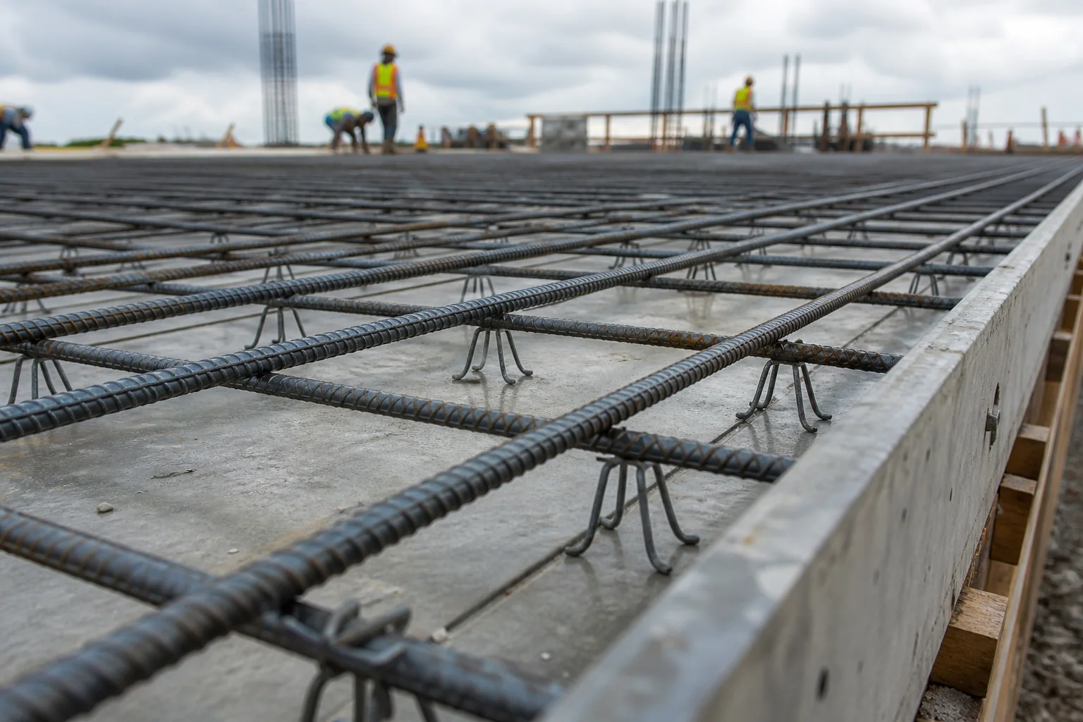 Rebar chairs supporting slab reinforcement before concrete placement