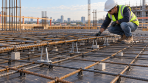 Rebar chairs and spacers supporting reinforcement before concrete placement