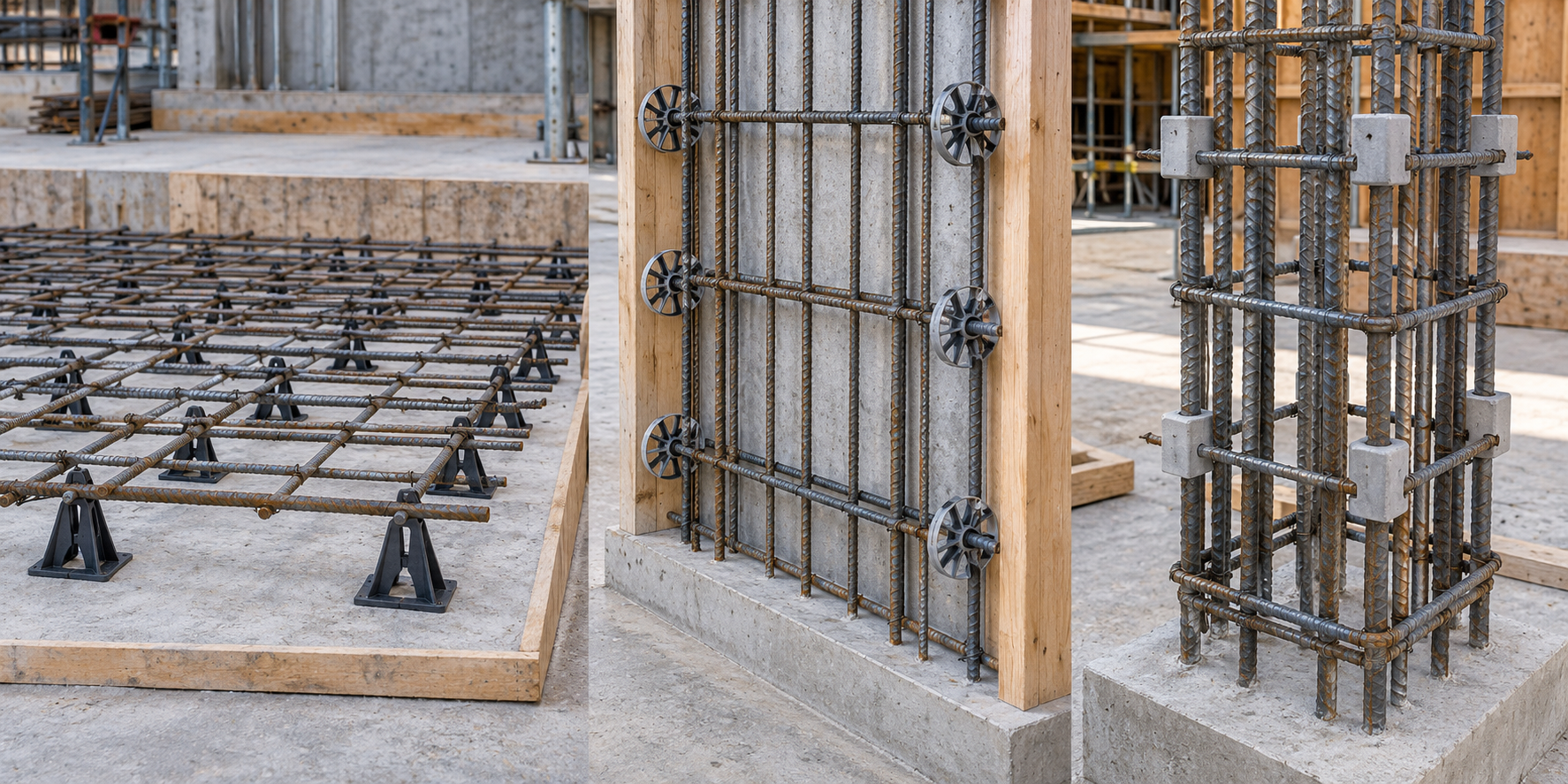 Common rebar chair and spacer support types used in concrete reinforcement
