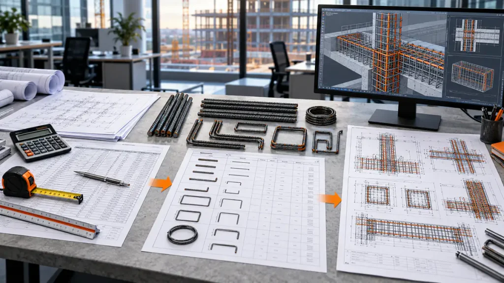 Rebar estimating, quantity takeoff, and detailing workflow