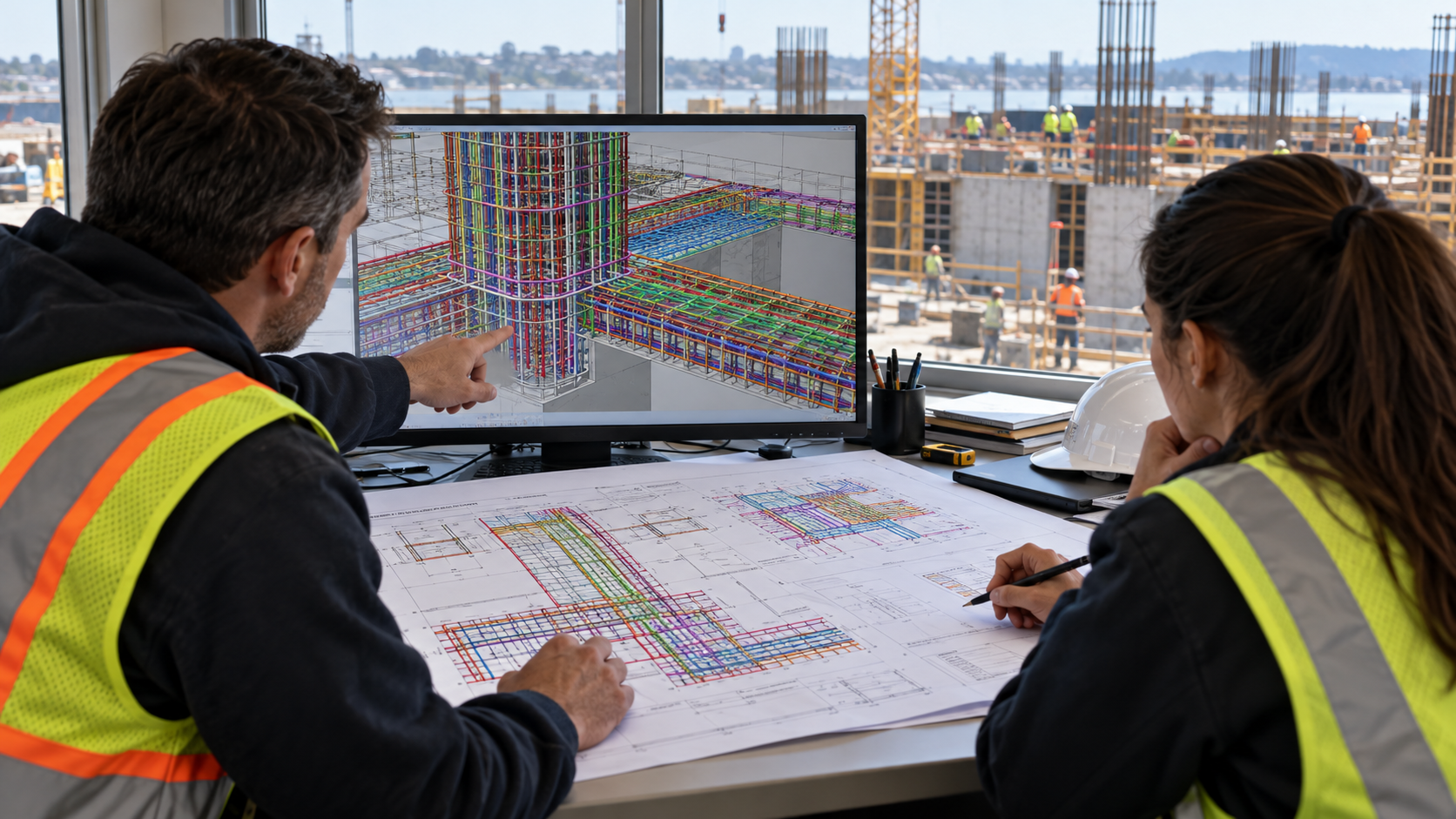 Construction team coordinating rebar detailing and concrete pour schedules