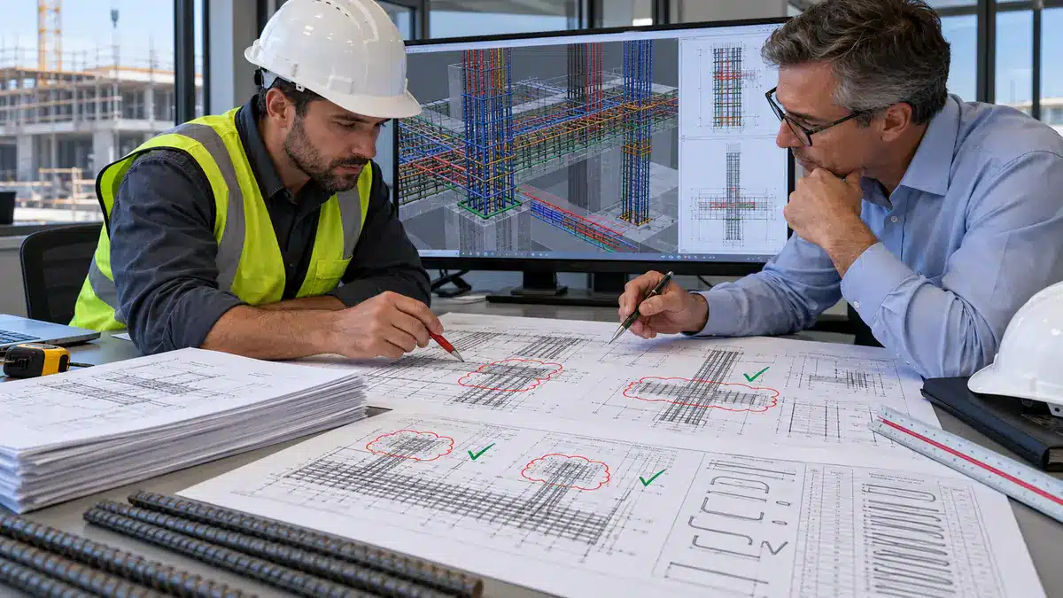 Contractor and engineer reviewing rebar submittal package